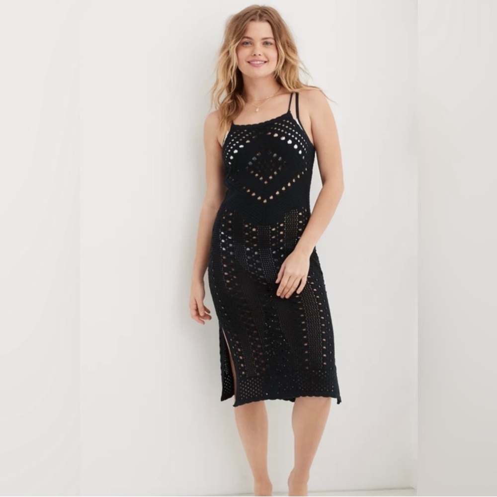 NEW Aerie Black Crochet Swim Cover-Up Dress Black Medium NWT